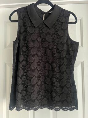 Karl Lagerfeld Paris Black Lace Sleeveless Top with Peter Pan Collar - Size L
